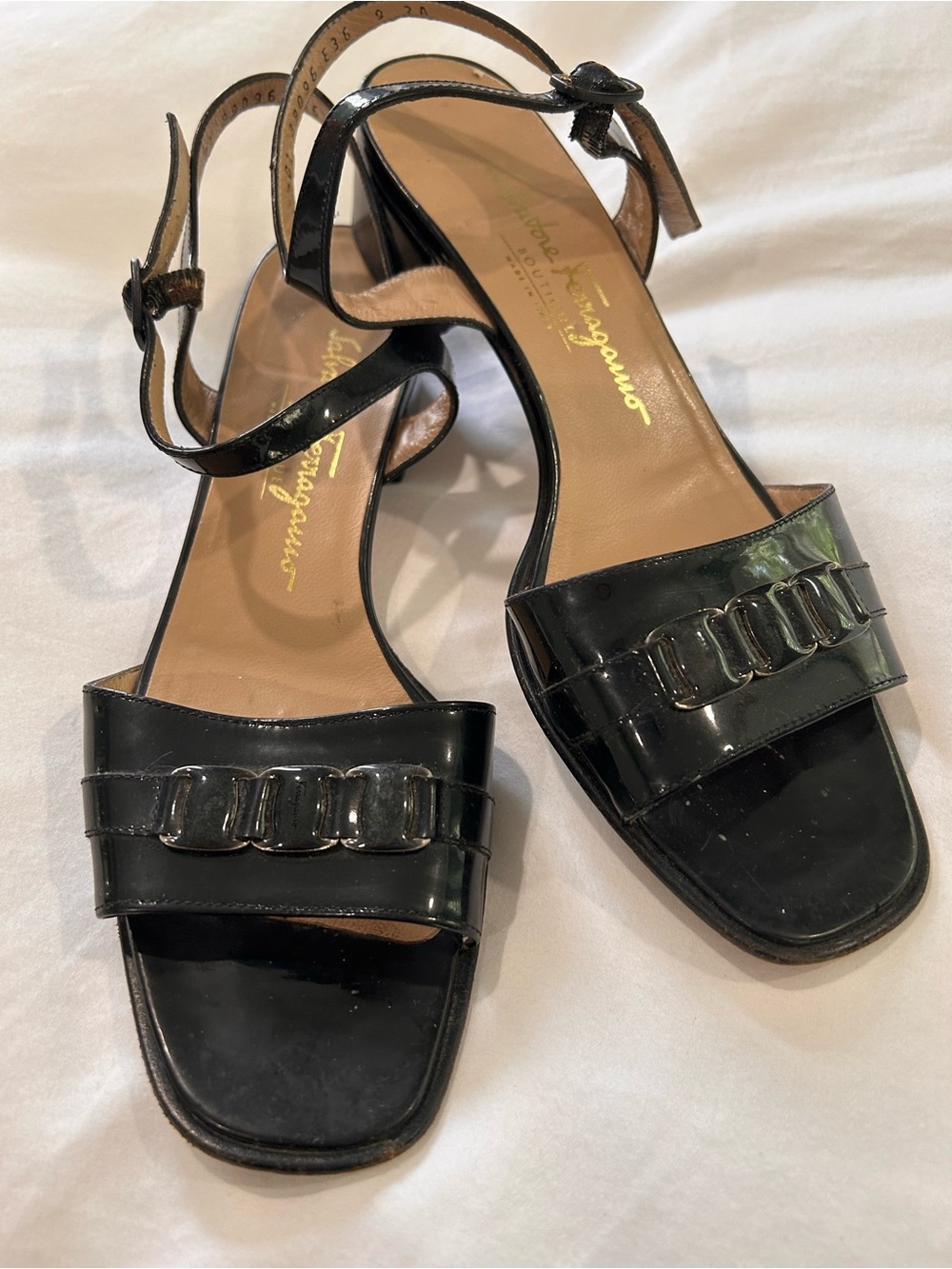 Salvatore Ferragamo Black Patent Leather Chain-Trim Sandals